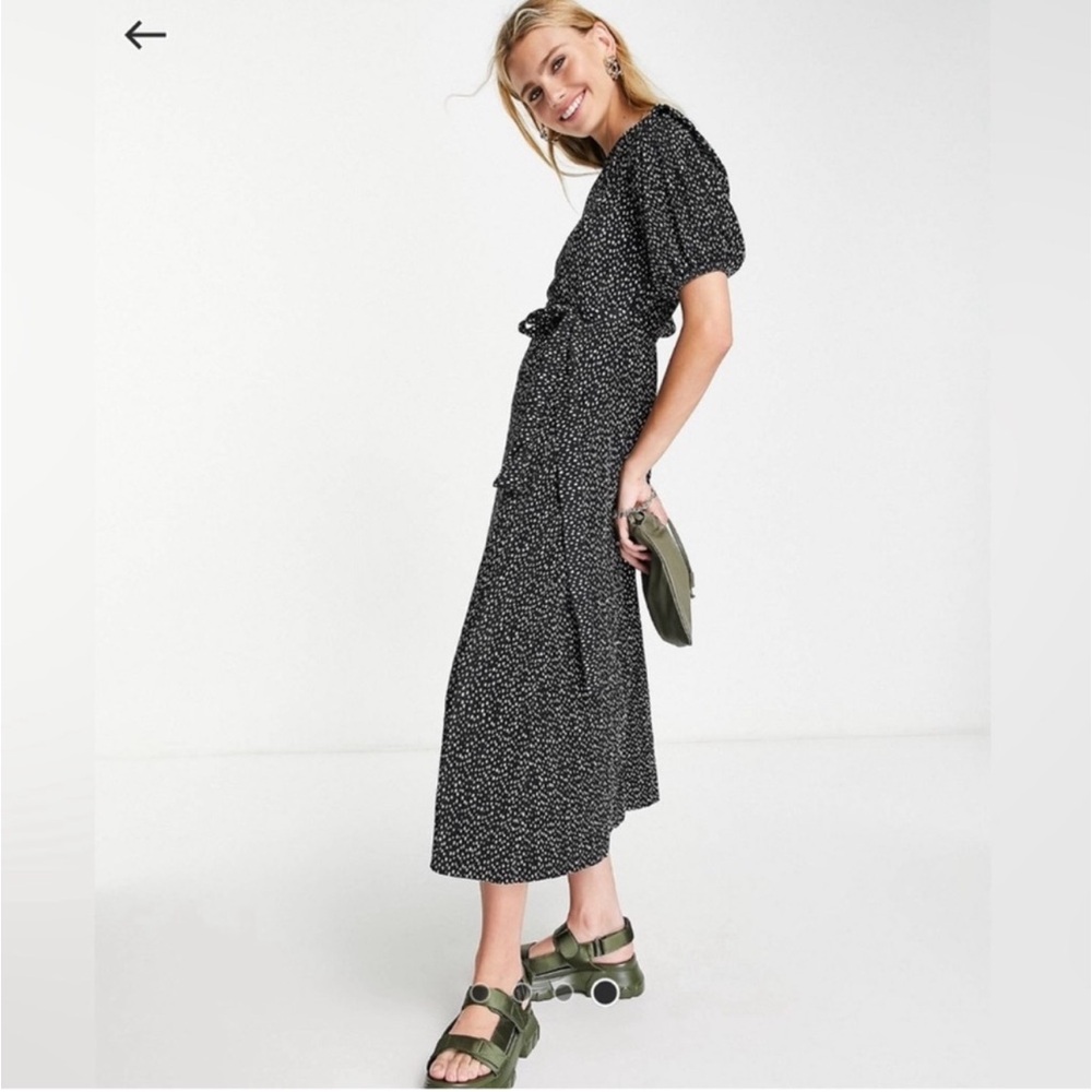 ASOS River Island polka dot plisse tie waist midi dress black SIZE 2 BRAND NEW
